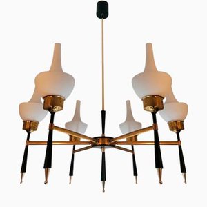 Large Mid-Century Chandelier in Brass and Black Enamelled Metal from Stilnovo, Italy