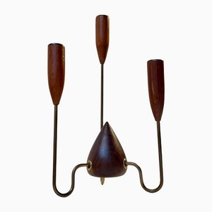 Scandinavian Mid-Century Teak and String Brass Candleholder, 1960s