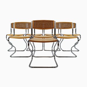 Italian Tubular Frame and Cane Cantilever Zigzag Dining Chairs, 1970s, Set of 8