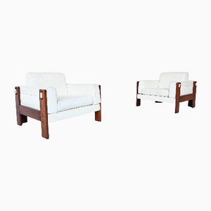 Italian Bastiano Style Rosewood and White Leather Lounge Chairs, 1970, Set of 2