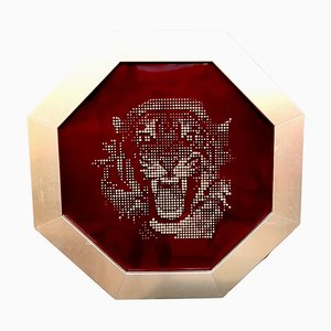 M. Crouzet, Escultura de Jaguar, latón y vidrio acrílico rojo