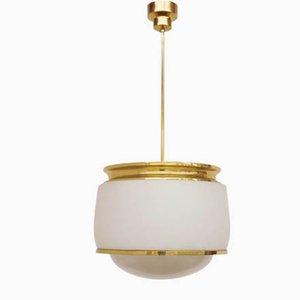 Large Brass and Milk Glass Kappa Pendant Lamp by Sergio Mazza for Artemide, Italy, 1960s