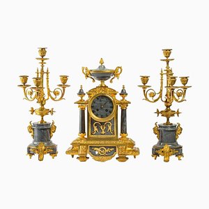 Gilded Bronze and Blue Marble Mantel Set, Set of 3