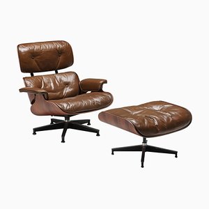 Lounge Chair in Brown with Ottoman by Eames for Herman Miller, 1960s, Set of 2