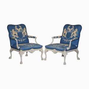Vintage Italian Hand Painted Armchair Coat of Arms Armorial Upholstery, Set of 2