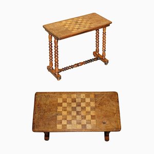 Antique Victorian Burr Walnut Chess Games Occasional Table Bobbin Turned Base