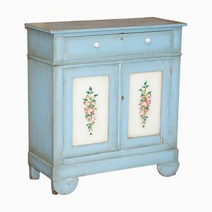 Antique French Hand Painted Duck Blue Pine Kitchen Sideboard Buffet, 1880s