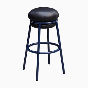 Black Leather & Blue Lacquered Metal Grasso Stool by Stephen Burks