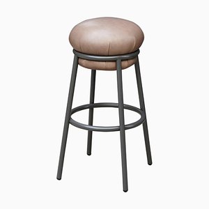 Leather and Lacquered Metal Grasso Stool in Brown by Stephen Burks