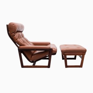 Leather Lounge Chair and Ottoman, Denmark, 1970s, Set of 2