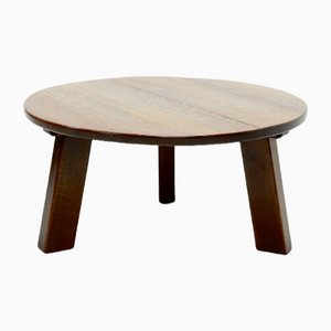 Brutalist Solid Oak Round Coffee Table, 1970s