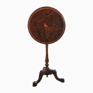 19th Century French Walnut Tilt Top Wine Table with Central Inlaid Bird Motif & Satinwood Banded Top