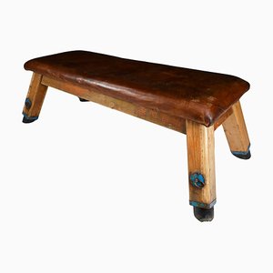 Patinated Saddle Leather Gym Bench, 1950s
