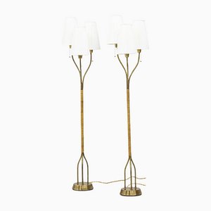 Swedish Modern Floor Lamps in Brass and Rattan, Set of 2