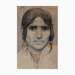 Edouard Morerod, Portrait de femme amér indianer, 1919, Bleistift, Kohle & Pastell auf Papier, Gerahmt
