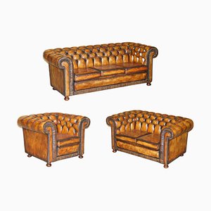 Vintage Brown Leather Chesterfield Library Club Armchair & Sofa Suite, Set of 3
