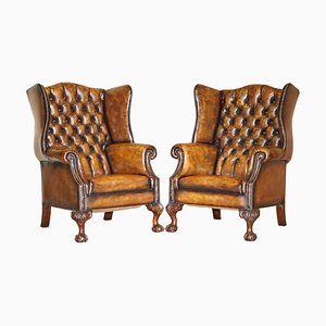Victorian Claw & Ball Chesterfield Wingback Brown Leather Armchairs, Set of 2