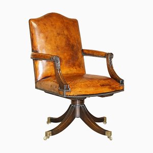 Vintage Brown Leather Oak Framed Captains Directors Armchair