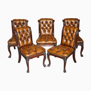 Carved Chesterfield Brown Leather Dining Chairs from C Hindley & Sons, 1845, Set of 5