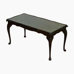 Vintage Coffee Table with Embossed Green Leather Top on Queen Anne Legs