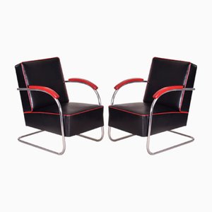 Bauhaus Czech Black and Red Leather Armchairs by Mücke-Melder, 1930s, Set of 2