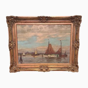 E. Van Laars, Barche sul lago, metà XX secolo, olio su tela, con cornice