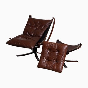 Dark Brown Leather Falcon Chair and Ottoman by Sigurd Ressel for Vatne Mobler, Set of 2