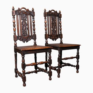 Antique Scottish Victorian Carved Oak Hall Chairs, Set of 2