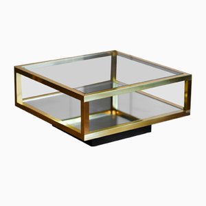 Coffee Table in Brass and Glass with Lower Shelf in Mirrored Glass, 1970s