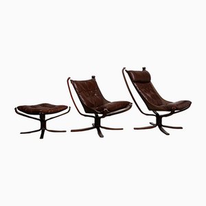 Dark Brown Leather Falcon Chairs and Ottoman by Sigurd Ressel from Vatne Møbler, 1970s, Set of 3
