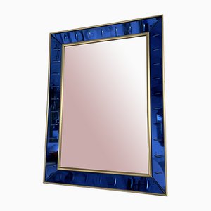 Italian Blue and Brass Mirror from Cristal Art, 1960s