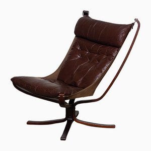 Dark Brown Leather Falcon High Back Chair and Ottoman by Sigurd Ressel from Vatne Møbler, 1970s, Set of 2
