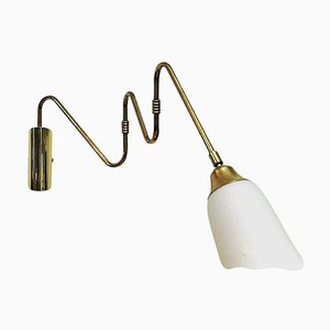 Scandinavian Brass Arm Wall Lamp with Flower Glass Shade, 1950s