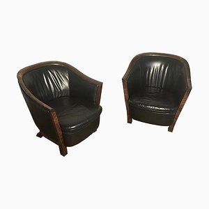 Art Deco Kingwood and Black Leather Armchairs, 1940s, Set of 2