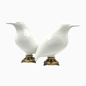 Grandes Sculptures d'Oiseau Martin-Pêcheur, Céramique Blanche et Laiton, Set de 2