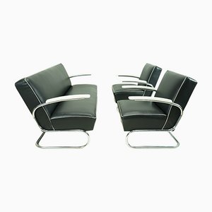 Cantilever Black Nappa Leather Set Sofa and Armchair from Mücke Melder, 1930s, Set of 3