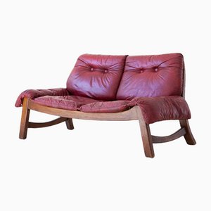 Italian Bordeaux Leather and Wood Sofa, 1960s