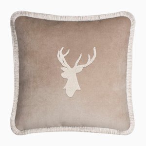 Christmas Happy Pillow with Elk in Beige on Beige from Lo Decor