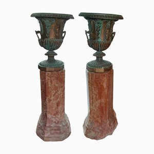 18th-Century Marble & Bronze Pedestals with Vases, Set of 2