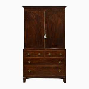 Georgian Flame Mahogany Linen Press Wardrobe with Gothic Lancet Arched Doors