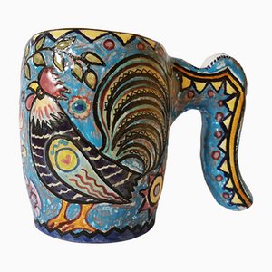 Polish Folk Art Multicolored Clay Mug with Rooster Design, 1976