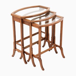Art Nouveau Oak Nesting Tables with Glass Tops, 1900s, Set of 3