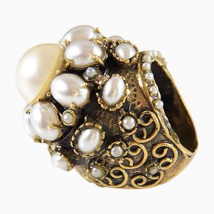 Faux Pearl Ring in Silver with Gold Ornaments, Italy