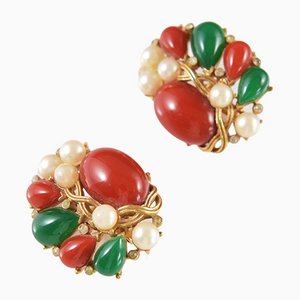 Clip on Earrings in Faux Pearl & Red and Green Stones by Trifari, Set of 2