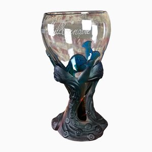 Vase in Bayeul Crystal and Art Deco Glass Paste with Peacock Decoration by Cristallerie Royale de Champagne