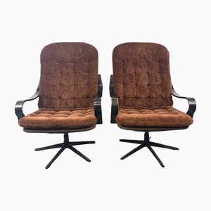 Swedish Brown Velvet Swivel Chairs, 1970s, Set of 2