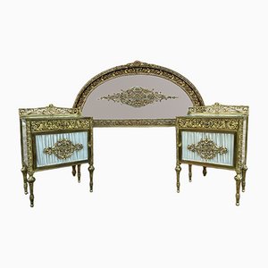 19th Century French Belle Époque Bed and Vitrine Nightstands in Bronze, Glass & Iron, Set of 3
