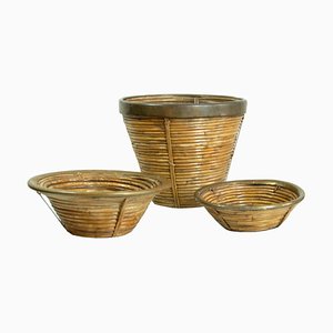 Mid-Century Rattan and Brass Planters or Baskets, Set of 3