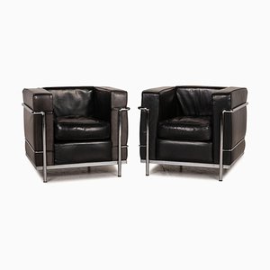 Black Leather LC 2 Armchairs by Le Corbusier for Cassina, Set of 2