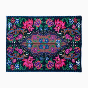 Romanian Handmade Carpet with Floral Boho Design and Bold Pink Flowers